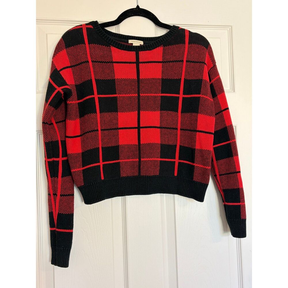 Forever 21 Junior's Medium Red & Black Plaid Cropped Sweater Crew Neck Thick